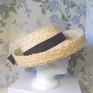 VINTAGE STRAW HAT with Ribbon and Bow. BRETON Style, BOATER Style, UNION LABEL